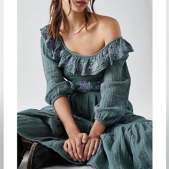 Free People Lovers Lane Maxi Dress Green Blue Embroidered Ruffle 3/4 Sleeve S - Picture 2 of 13